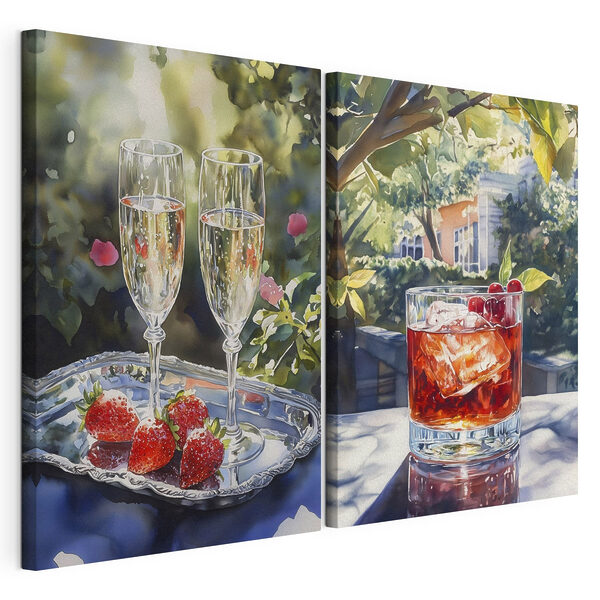 Aquarelle représentant des verres de vin et des fraises Impression sur toile modulaire Aquarelle représentant des verres de vin et des fraises