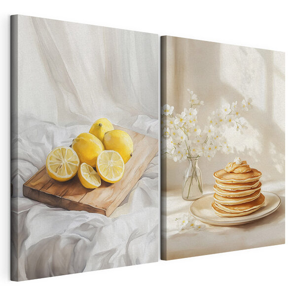 Impression sur toile modulaire Des citrons sur une planche à découper et une pile de crêpes (UGS : m00416) Impression sur toile modulaire Impression sur toile modulaire Des citrons sur une planche à découper et une pile de crêpes (UGS : m00416)
