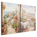 Impression sur toile modulaire Tableau représentant un balcon avec une table et des chaises, et un autre balcon offrant une vue sur une ville