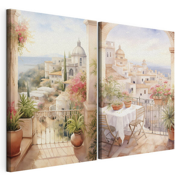 Tableau représentant un balcon avec une table et des chaises, et un autre balcon offrant une vue sur une ville Impression sur toile modulaire Tableau représentant un balcon avec une table et des chaises, et un autre balcon offrant une vue sur une ville
