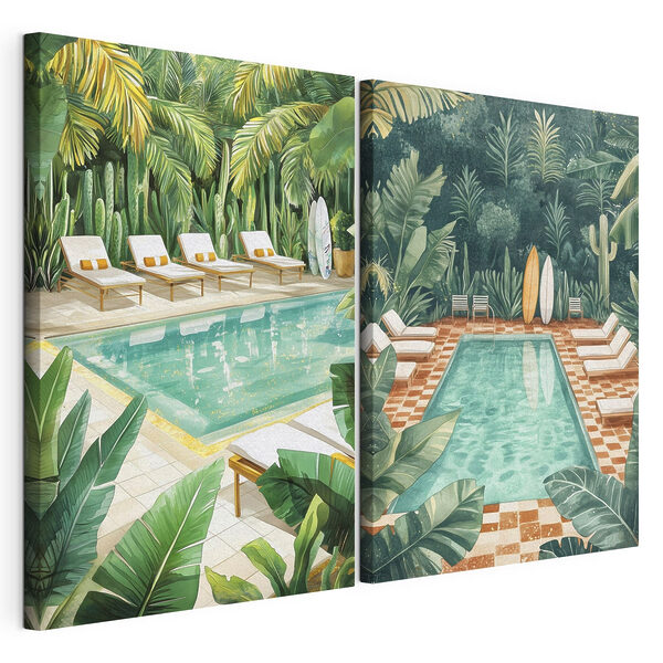 Piscine et transats dans un cadre tropical Impression sur toile modulaire Piscine et transats dans un cadre tropical