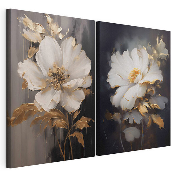Deux tableaux représentant des fleurs sur fond noir Impression sur toile modulaire Deux tableaux représentant des fleurs sur fond noir