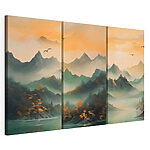 Impression sur toile modulaire Massif montagneux avec de l'eau et des oiseaux en vol