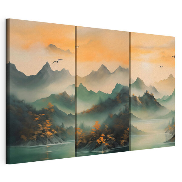 Impression sur toile modulaire Massif montagneux avec de l'eau et des oiseaux en vol