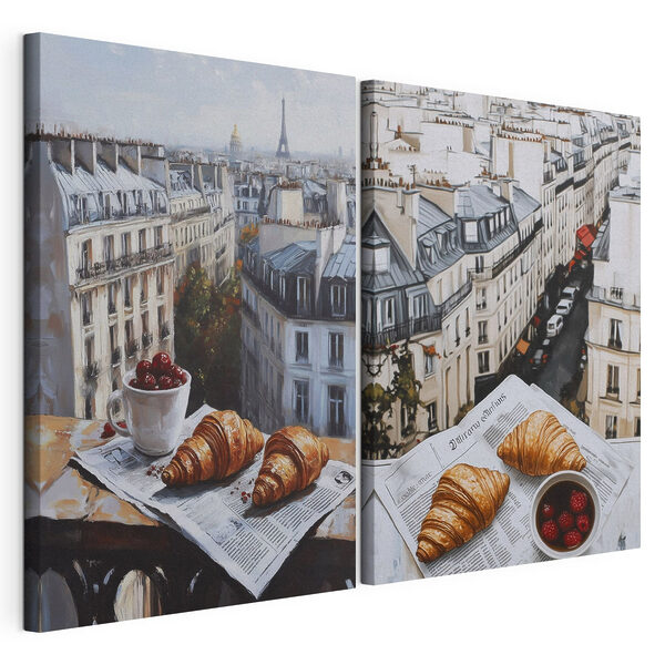 Tableau représentant une ville avec un croissant et une coupe de fruits Impression sur toile modulaire Tableau représentant une ville avec un croissant et une coupe de fruits