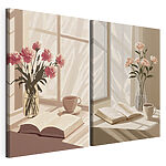 Impression sur toile modulaire Un vase de fleurs et un livre sur le rebord d'une fenêtre