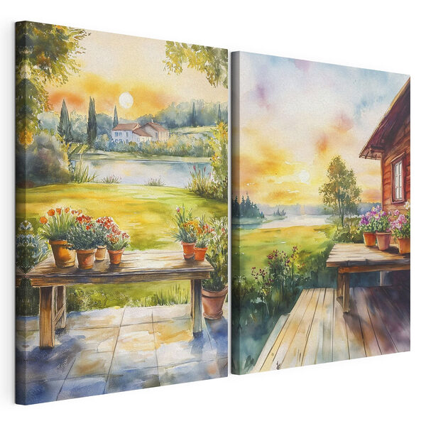 Impression sur toile modulaire Aquarelle représentant une maison et une table ornée de fleurs