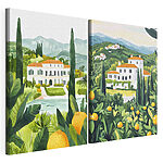 Impression sur toile modulaire Peinture représentant une maison et une rivière