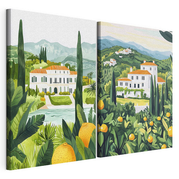 Impression sur toile modulaire Peinture représentant une maison et une rivière