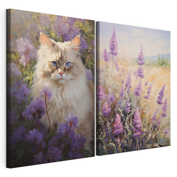 Impression sur toile modulaire Un chat dans un champ de fleurs