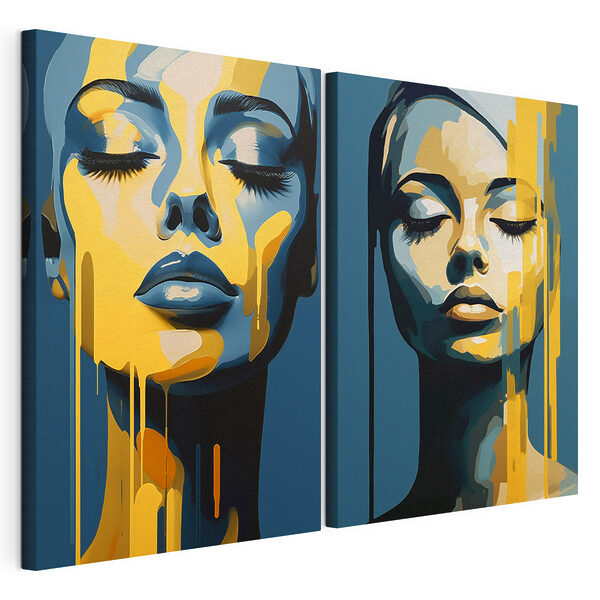 Impression sur toile modulaire Visage d'une femme sur lequel coule de la peinture jaune