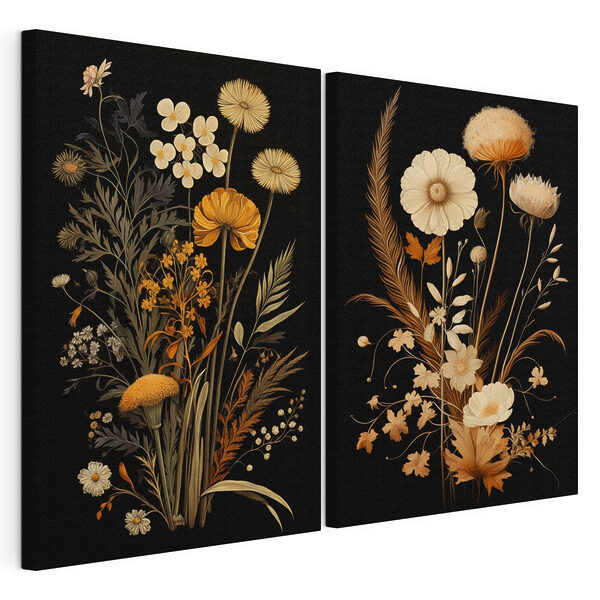 Illustration botanique fantaisiste sur fond noir Impression sur toile modulaire Illustration botanique fantaisiste sur fond noir