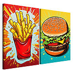 Impression sur toile modulaire Un hamburger et des frites dans un sac rouge