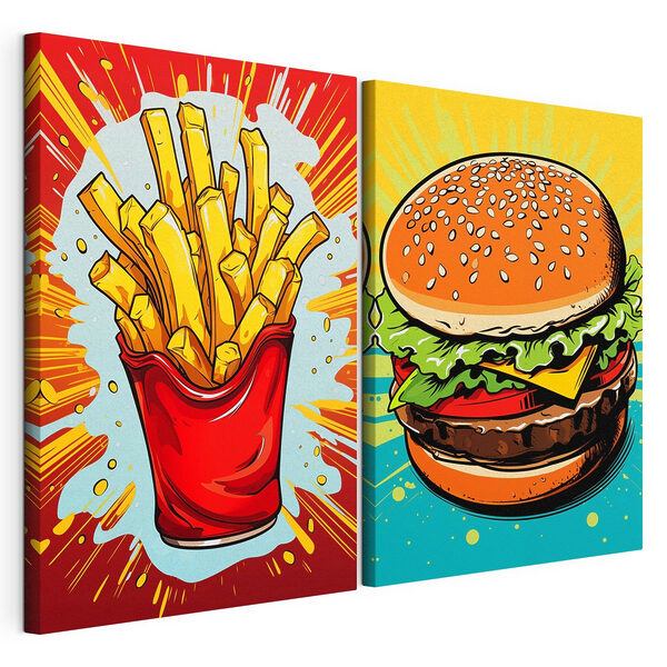 Un hamburger et des frites dans un sac rouge Impression sur toile modulaire Un hamburger et des frites dans un sac rouge