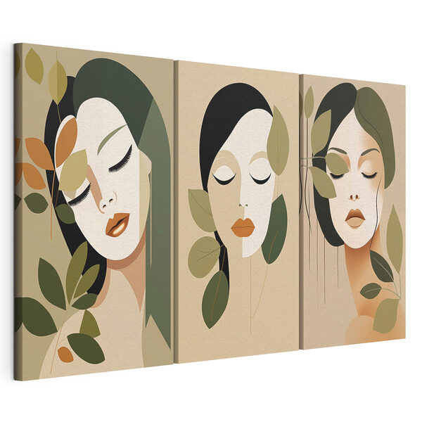 Visage de femme orné de feuilles Impression sur toile modulaire Visage de femme orné de feuilles