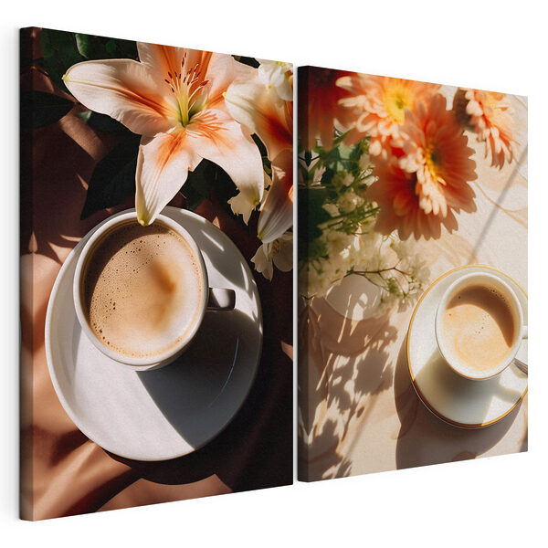 Une tasse de café avec des fleurs Impression sur toile modulaire Une tasse de café avec des fleurs