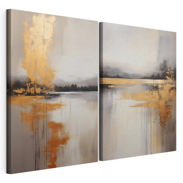 Impression sur toile modulaire Peinture représentant un lac et un paysage brumeux