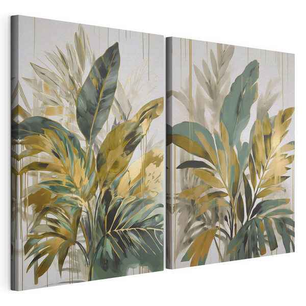 Peinture représentant des feuilles et des fleurs Impression sur toile modulaire Peinture représentant des feuilles et des fleurs