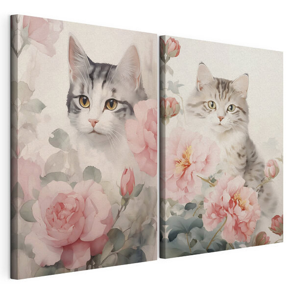 Impression sur toile modulaire Un chat dans un jardin fleuri