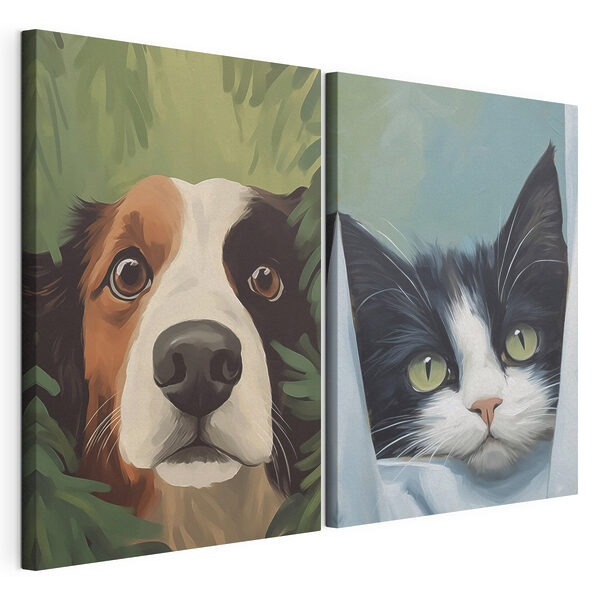 Des animaux de compagnie curieux qui jettent un œil par derrière Impression sur toile modulaire Des animaux de compagnie curieux qui jettent un œil par derrière