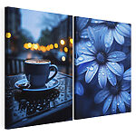 Impression sur toile modulaire Une tasse de café posée sur une table ornée de fleurs