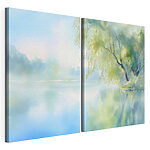 Impression sur toile modulaire Aquarelle représentant un arbre et un lac