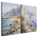 Impression sur toile modulaire Aquarelle représentant une ville et une plage