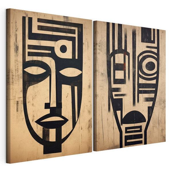 Visages abstraits dessinés au trait noir épais Impression sur toile modulaire Visages abstraits dessinés au trait noir épais