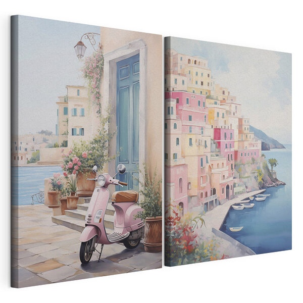 Tableau représentant un scooter rose garé à côté d'un immeuble rose Impression sur toile modulaire Tableau représentant un scooter rose garé à côté d'un immeuble rose