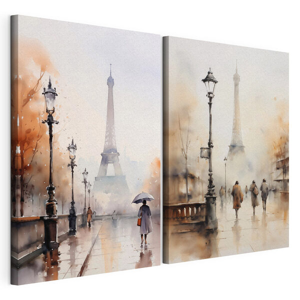 Impression sur toile modulaire Aquarelle représentant une rue de la ville et une femme marchant avec un parapluie
