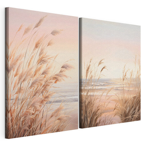 De douces vagues viennent caresser les herbes dorées Impression sur toile modulaire De douces vagues viennent caresser les herbes dorées