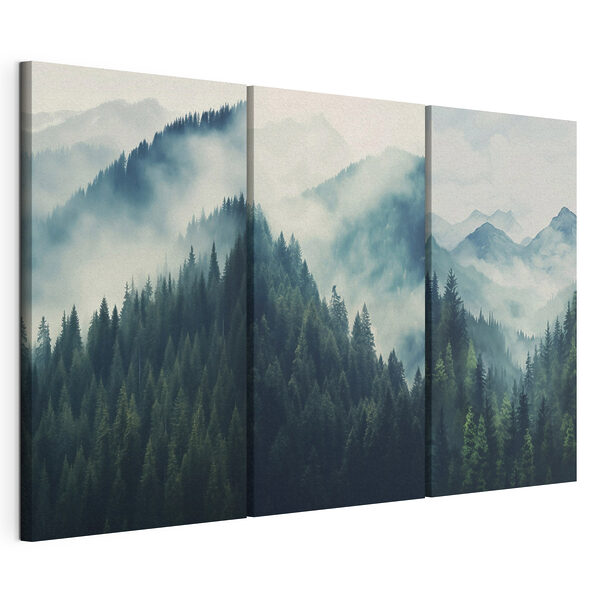 Massif montagneux avec des arbres et du brouillard Impression sur toile modulaire Massif montagneux avec des arbres et du brouillard