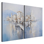 Impression sur toile modulaire Peinture représentant une ville et un plan d'eau