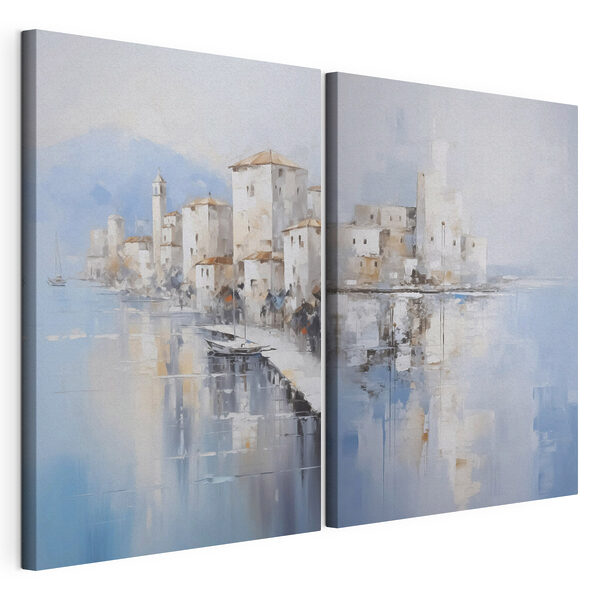 Impression sur toile modulaire Peinture représentant une ville et un plan d'eau