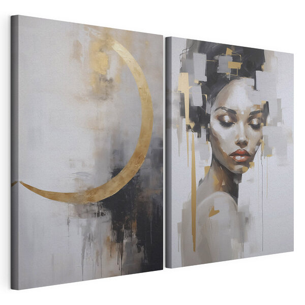 Impression sur toile modulaire Un tableau représentant une femme et un tableau représentant la lune