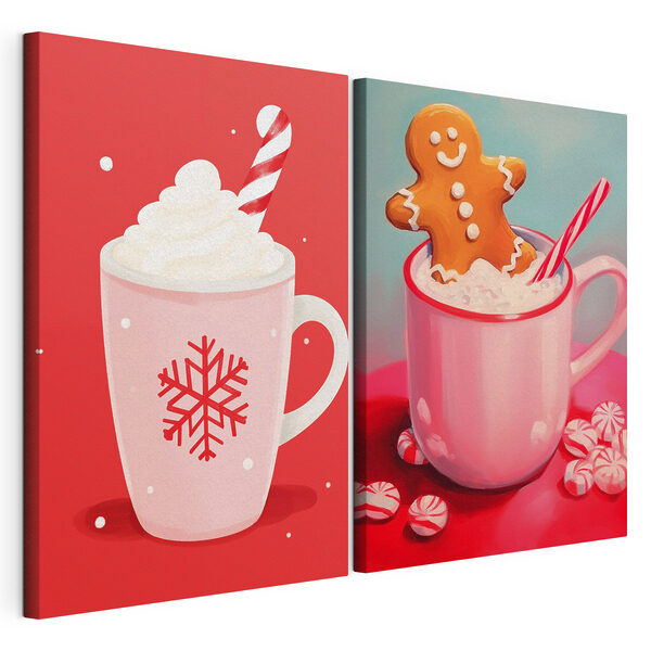 Deux tasses de chocolat chaud et un bonhomme en pain d'épices Impression sur toile modulaire Deux tasses de chocolat chaud et un bonhomme en pain d'épices