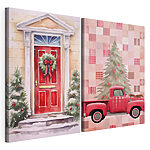 Impression sur toile modulaire Un camion rouge et une porte rouge ornée d'une couronne, ainsi qu'un camion rouge