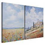 Impression sur toile modulaire Peinture représentant un paysage avec un bâtiment et un champ de fleurs