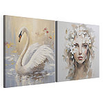 Impression sur toile modulaire Tableau représentant une femme avec des fleurs dans les cheveux et un cygne