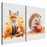 Impression sur toile modulaire Un renard et un hérisson tenant une pomme