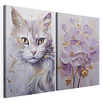 Impression sur toile modulaire Une peinture représentant un chat et une peinture représentant des fleurs