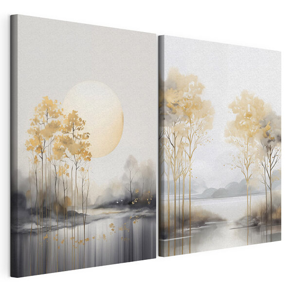 Peinture représentant des arbres et un lac Impression sur toile modulaire Peinture représentant des arbres et un lac