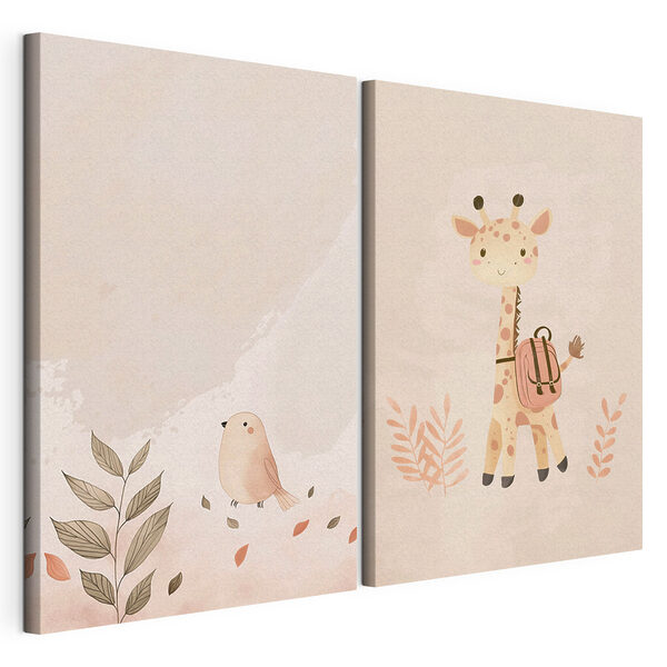 Une girafe et un oiseau Impression sur toile modulaire Une girafe et un oiseau