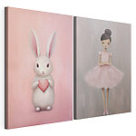 Impression sur toile modulaire Deux tableaux représentant une fillette et un lapin