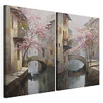 Impression sur toile modulaire Peinture représentant un pont enjambant une rivière