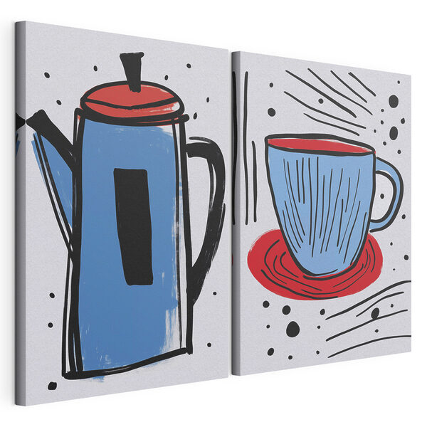 Dessin représentant une cafetière et une tasse Impression sur toile modulaire Dessin représentant une cafetière et une tasse