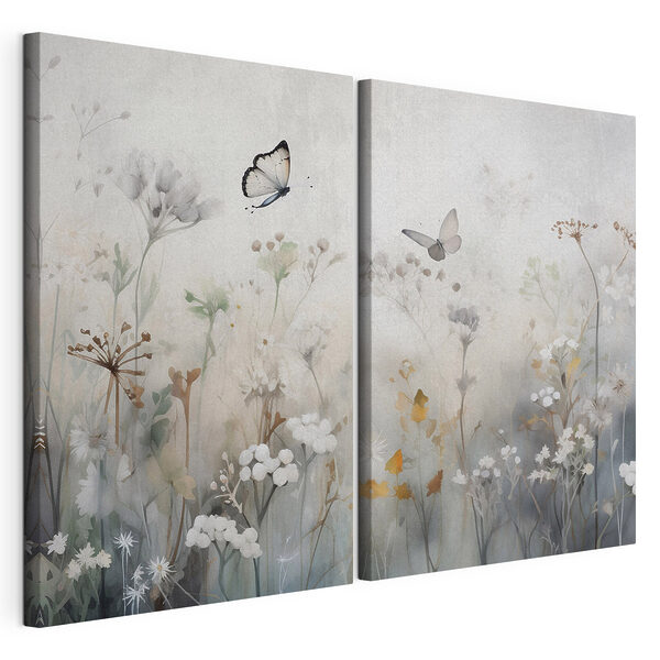 Impression sur toile modulaire Peinture représentant des fleurs et des papillons