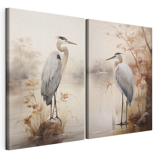 Deux oiseaux posés sur un rocher dans l'eau Impression sur toile modulaire Deux oiseaux posés sur un rocher dans l'eau