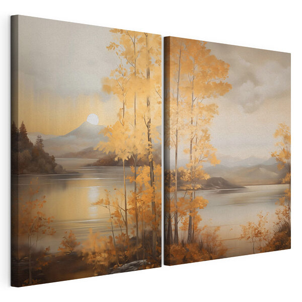 Impression sur toile modulaire Tableau représentant une montagne et un lac