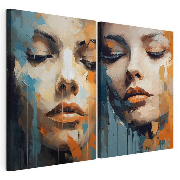 Visage de femme recouvert de peinture orange et bleue Impression sur toile modulaire Visage de femme recouvert de peinture orange et bleue